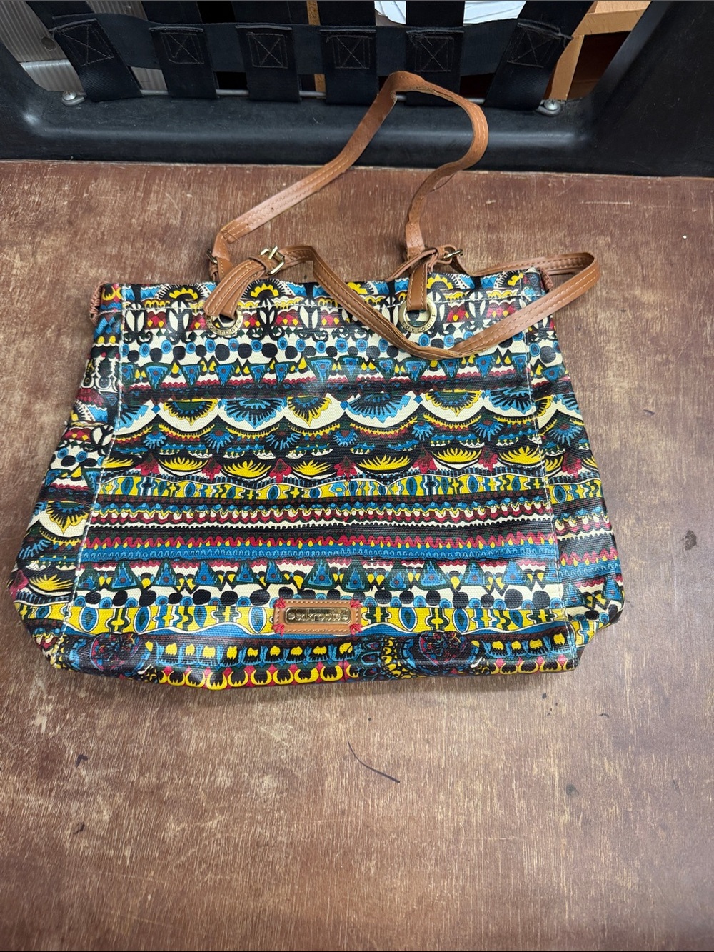 Colorful Patterned Tote Bag with Brown Straps